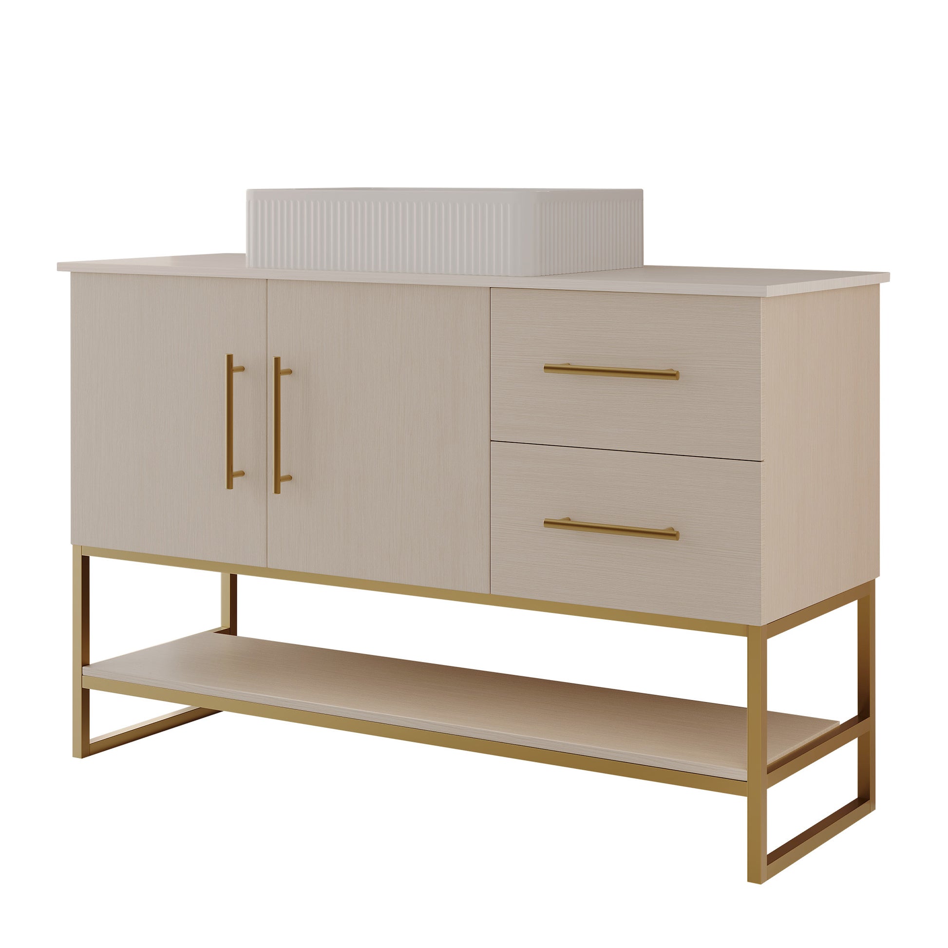 47.2' Modern Bathroom Vanity with Ceramic Vessel Sink, Gold Accent Free Standing Cabinet Bathroom Vanity
