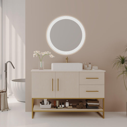 Modern Bathroom Vanity with Sink and Gold Accents.