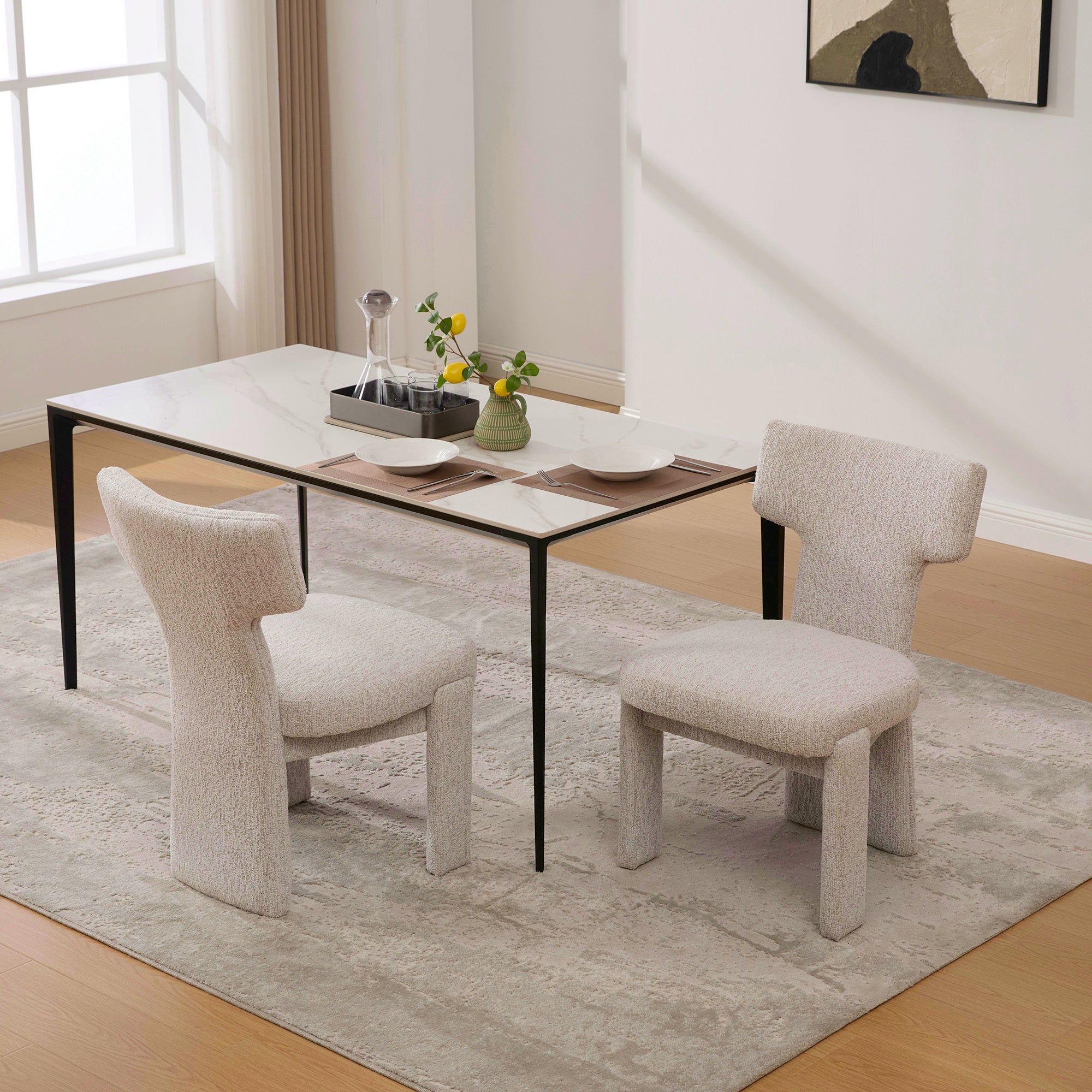 Modern Beige Chenille Dining Chair Set of 2 with Rubberwood Legs, Armless Curved Back Accent Chairs for Living Room Bedroom Restaurant Cafes Dining Room Reception, 22.05' Wide Dining Chair