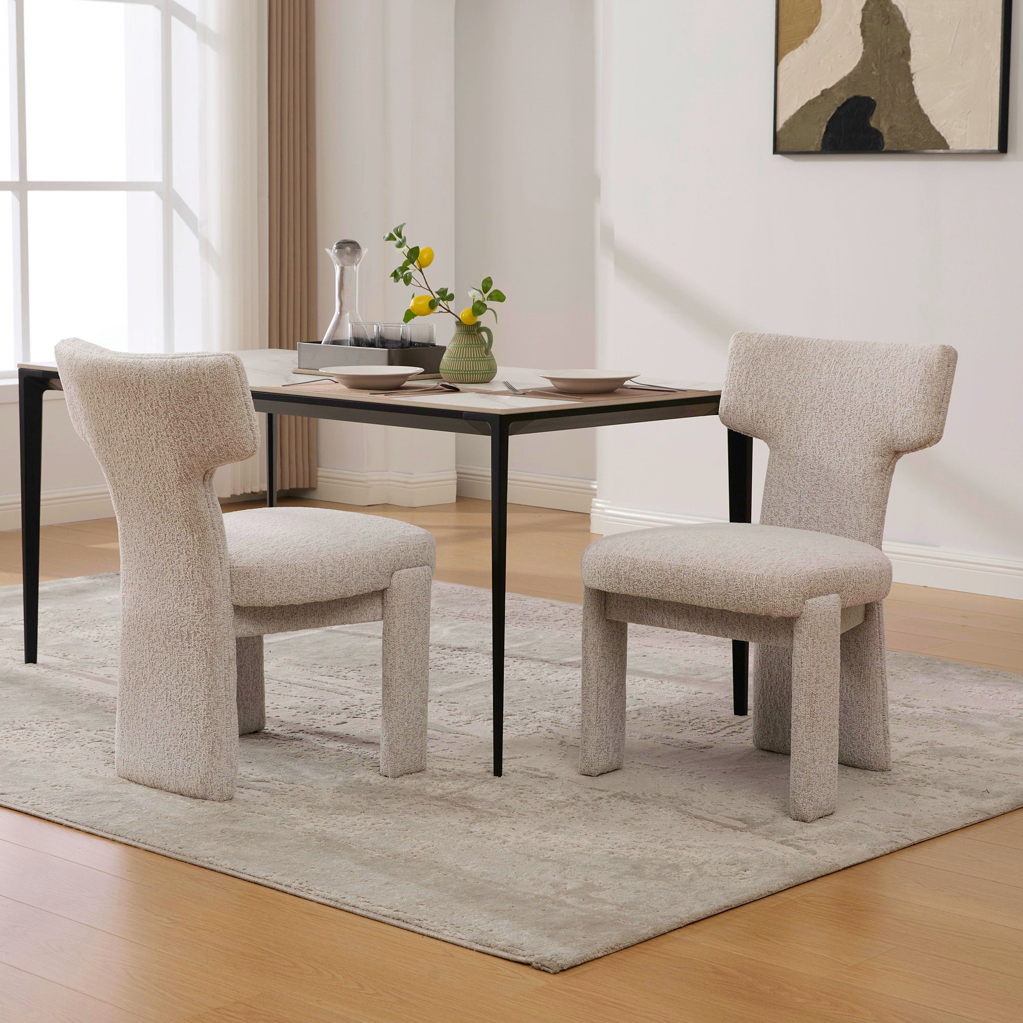 Modern Beige Chenille Dining Chair Set of 2 with Rubberwood Legs, Armless Curved Back Accent Chairs for Living Room Bedroom Restaurant Cafes Dining Room Reception, 22.05' Wide Dining Chair