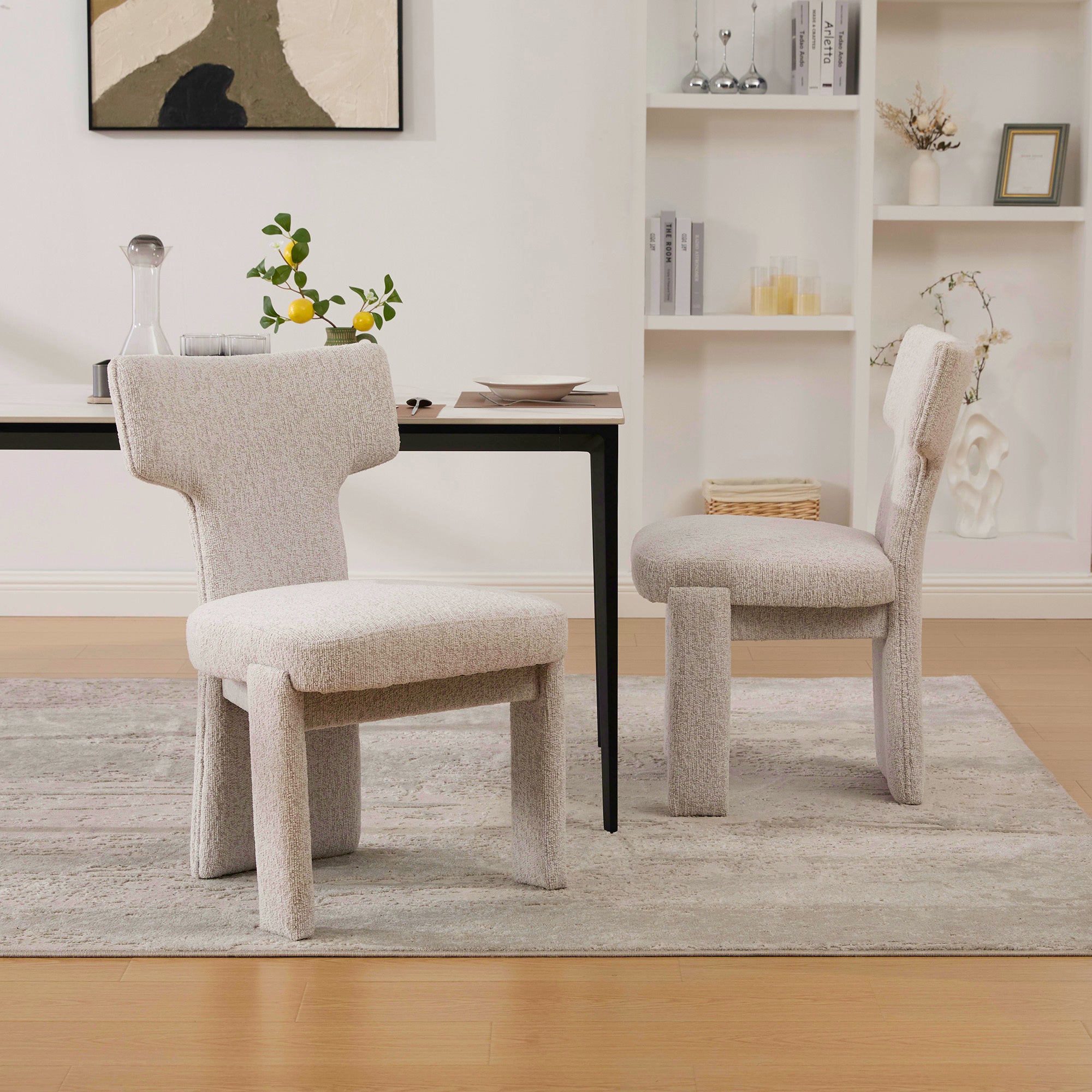 Modern Beige Chenille Dining Chair Set of 2 with Rubberwood Legs, Armless Curved Back Accent Chairs for Living Room Bedroom Restaurant Cafes Dining Room Reception, 22.05' Wide Dining Chair