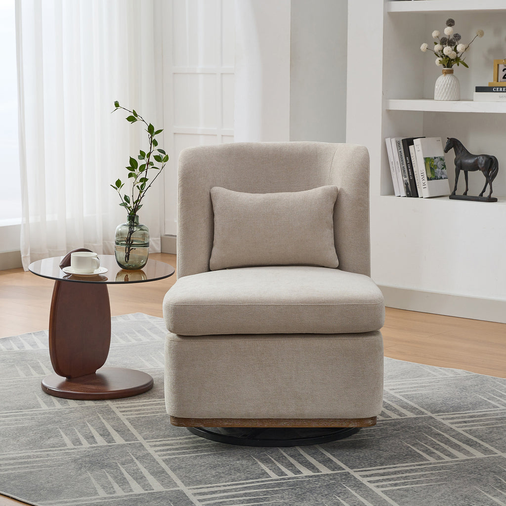 25.2 'Wide Modern Chenille Cushioned Armless Metal Base 360° Swivel Chair with Pillow, Suitable for Living Room, Family Room, Bedroom, Lounge Area, Office. Beige