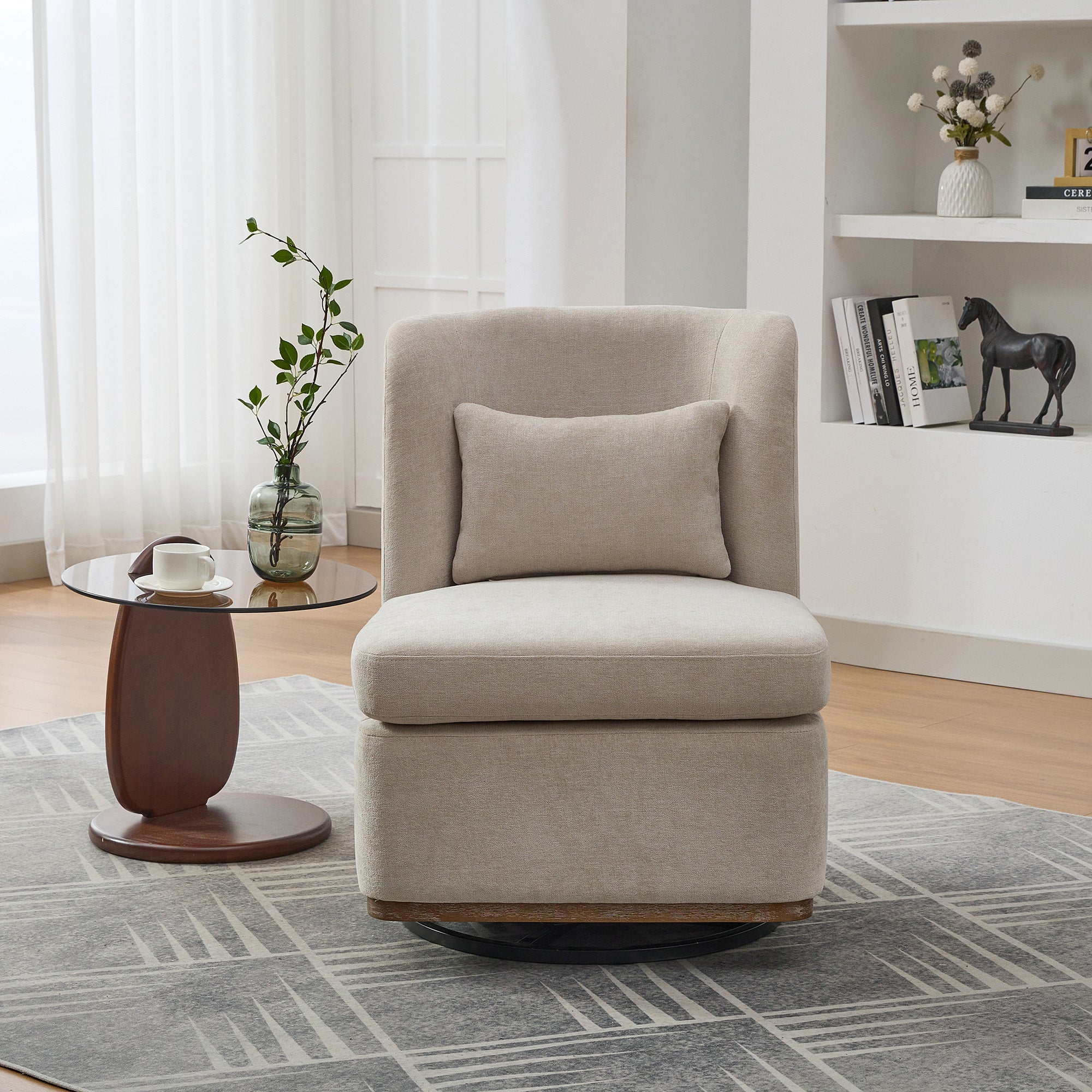 25.2 'Wide Modern Chenille Cushioned Armless Metal Base 360° Swivel Chair with Pillow, Suitable for Living Room, Family Room, Bedroom, Lounge Area, Office. Beige