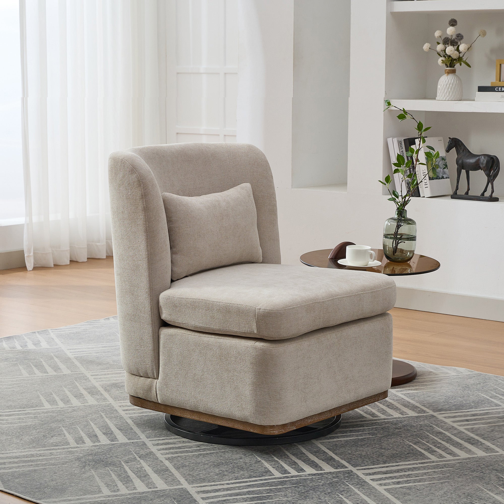 25.2 'Wide Modern Chenille Cushioned Armless Metal Base 360° Swivel Chair with Pillow, Suitable for Living Room, Family Room, Bedroom, Lounge Area, Office. Beige