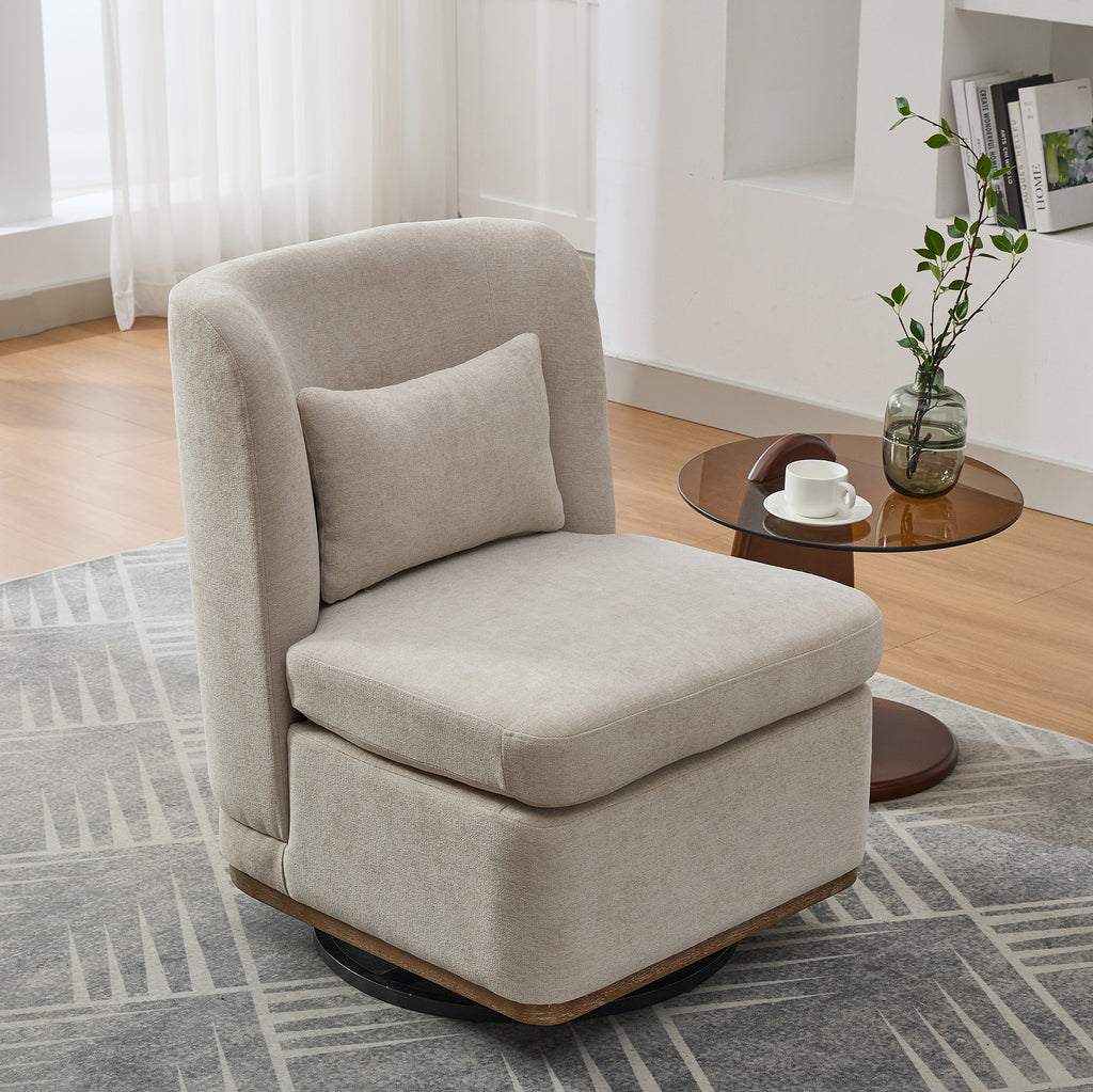25.2 'Wide Modern Chenille Cushioned Armless Metal Base 360° Swivel Chair with Pillow, Suitable for Living Room, Family Room, Bedroom, Lounge Area, Office. Beige