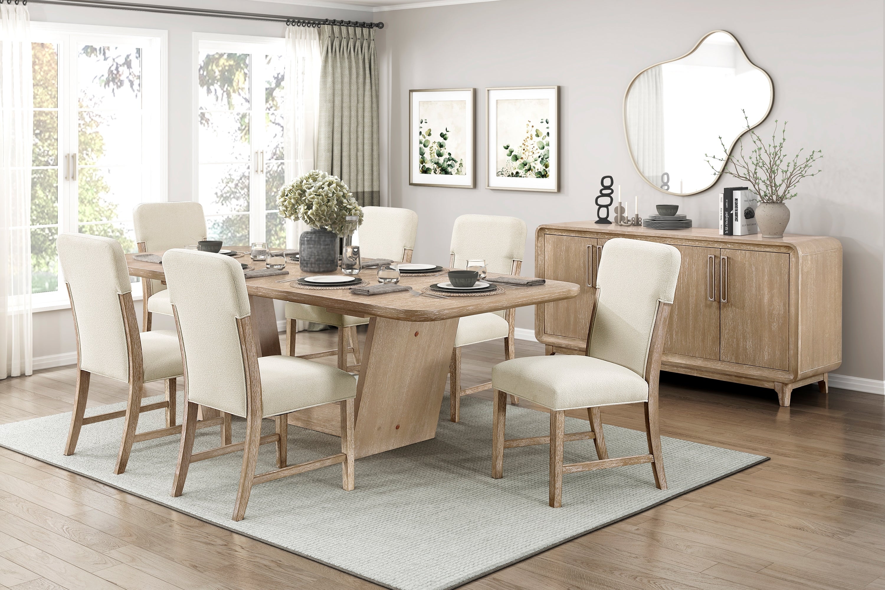 Modern Comfortable Dining Side Chairs Set of 2pc Plush Beige Chenille Upholstered Seat and Back Wooden Furniture