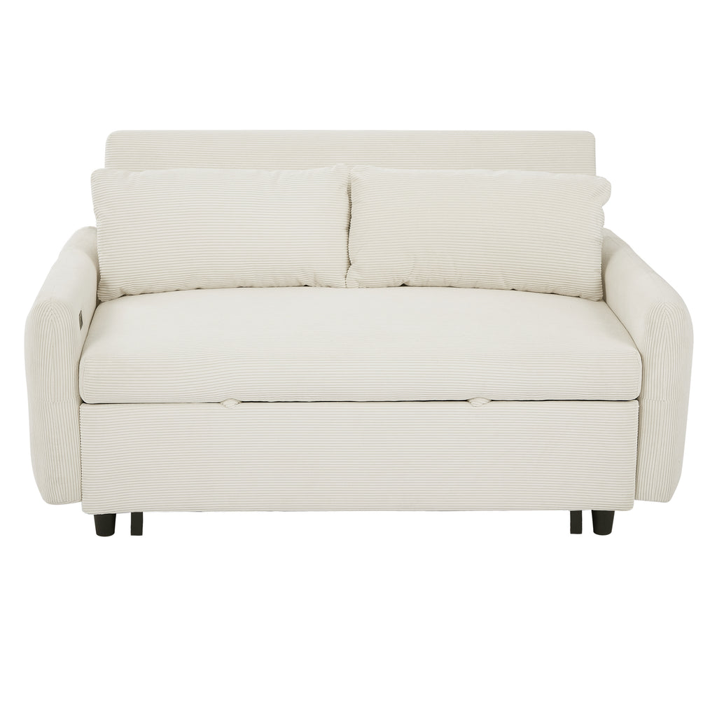 57.48 Pull-out Sofa Bed Convertible Couch 2 Seat Loveseat Sofa Modern Sleeper Sofa with Two Throw Pillows and USB Ports for Living Room, Beige(Old Sku:WF317760AAA)
