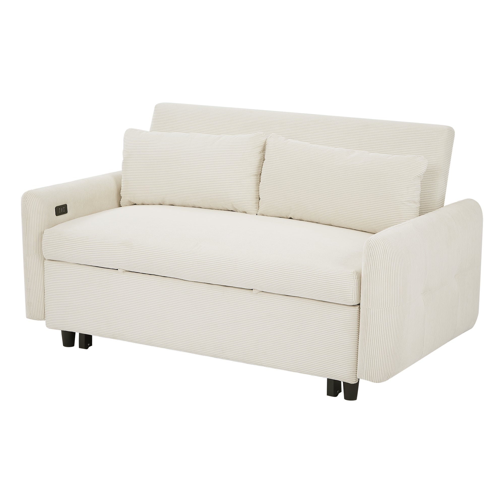 57.48 Pull-out Sofa Bed Convertible Couch 2 Seat Loveseat Sofa Modern Sleeper Sofa with Two Throw Pillows and USB Ports for Living Room, Beige(Old Sku:WF317760AAA)