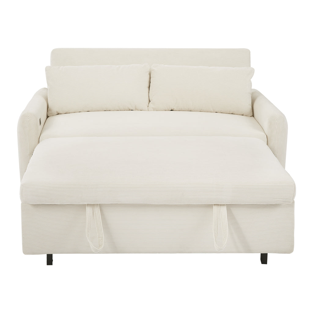 57.48 Pull-out Sofa Bed Convertible Couch 2 Seat Loveseat Sofa Modern Sleeper Sofa with Two Throw Pillows and USB Ports for Living Room, Beige(Old Sku:WF317760AAA)