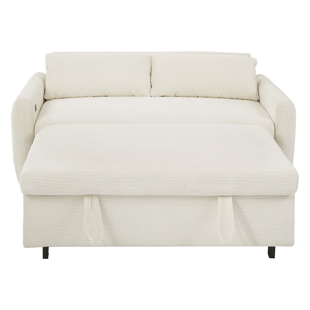 57.48 Pull-out Sofa Bed Convertible Couch 2 Seat Loveseat Sofa Modern Sleeper Sofa with Two Throw Pillows and USB Ports for Living Room, Beige(Old Sku:WF317760AAA)
