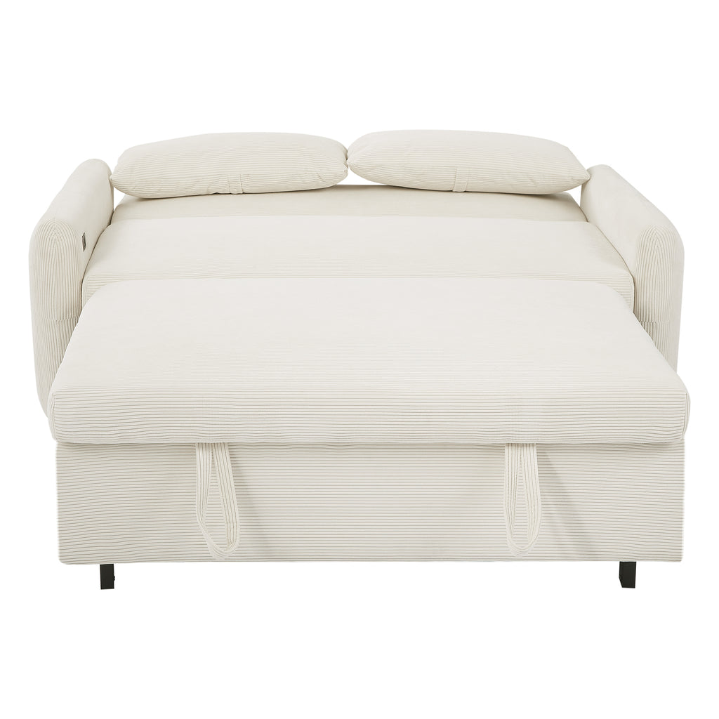 57.48 Pull-out Sofa Bed Convertible Couch 2 Seat Loveseat Sofa Modern Sleeper Sofa with Two Throw Pillows and USB Ports for Living Room, Beige(Old Sku:WF317760AAA)