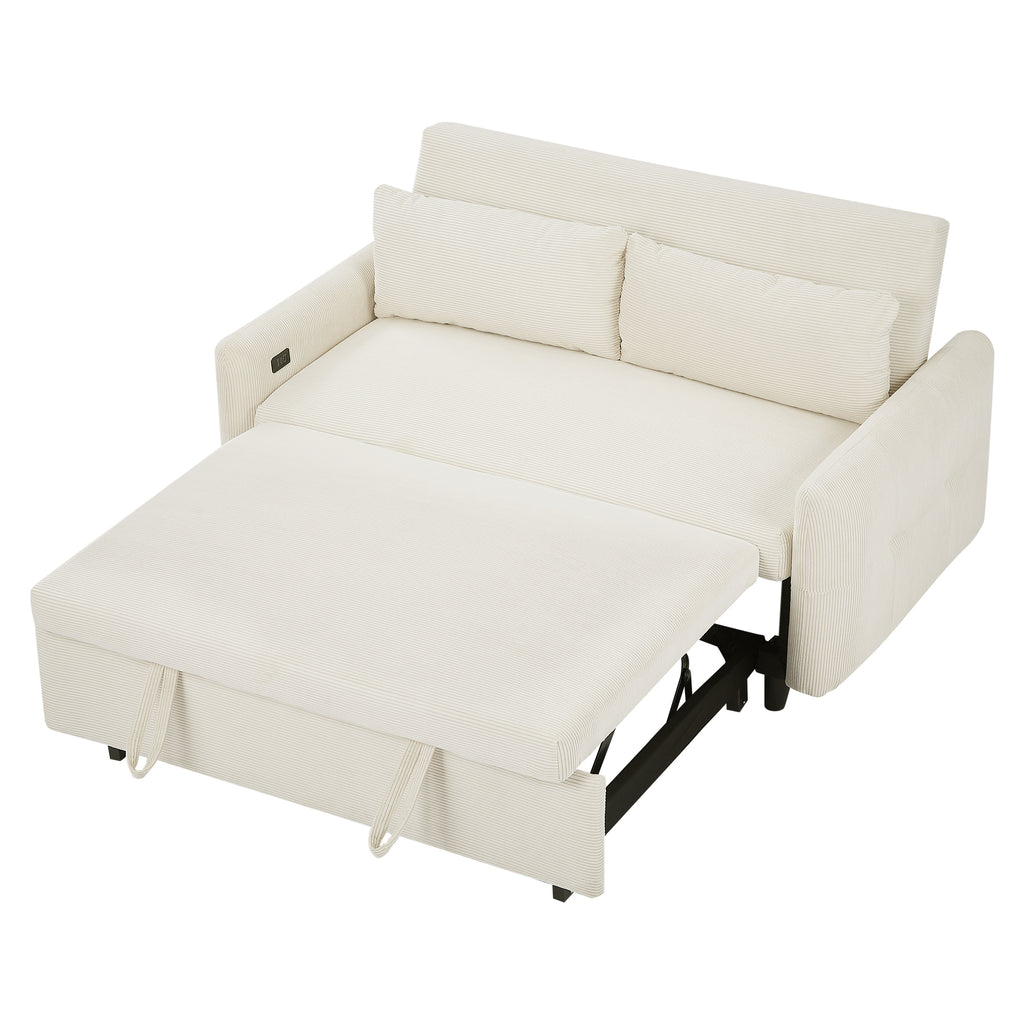 57.48 Pull-out Sofa Bed Convertible Couch 2 Seat Loveseat Sofa Modern Sleeper Sofa with Two Throw Pillows and USB Ports for Living Room, Beige(Old Sku:WF317760AAA)