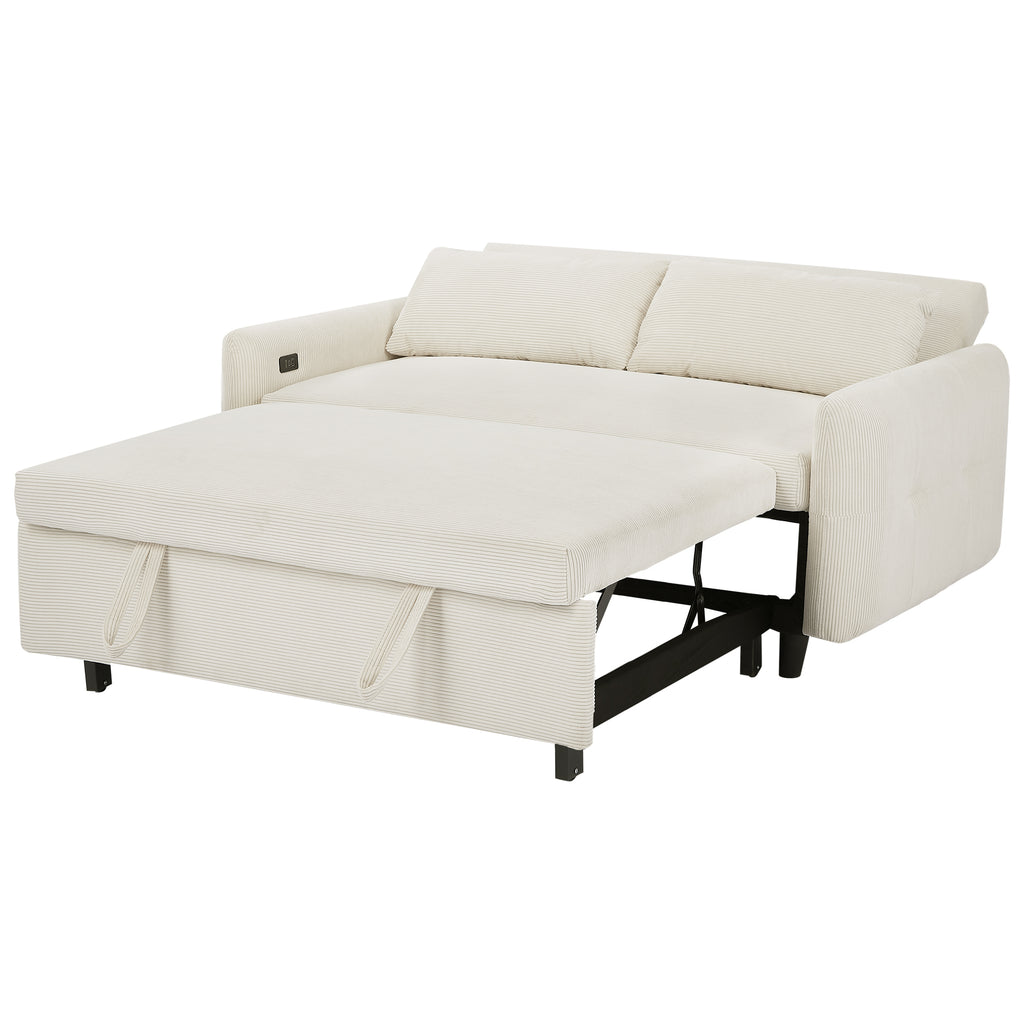57.48 Pull-out Sofa Bed Convertible Couch 2 Seat Loveseat Sofa Modern Sleeper Sofa with Two Throw Pillows and USB Ports for Living Room, Beige(Old Sku:WF317760AAA)