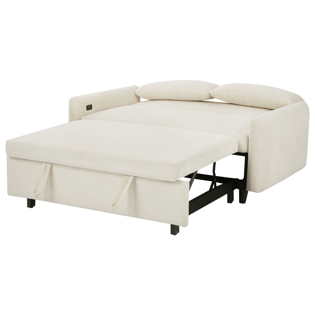 57.48 Pull-out Sofa Bed Convertible Couch 2 Seat Loveseat Sofa Modern Sleeper Sofa with Two Throw Pillows and USB Ports for Living Room, Beige(Old Sku:WF317760AAA)