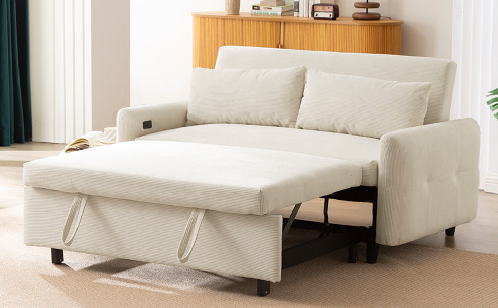 57.48 Pull-out Sofa Bed Convertible Couch 2 Seat Loveseat Sofa Modern Sleeper Sofa with Two Throw Pillows and USB Ports for Living Room, Beige(Old Sku:WF317760AAA)