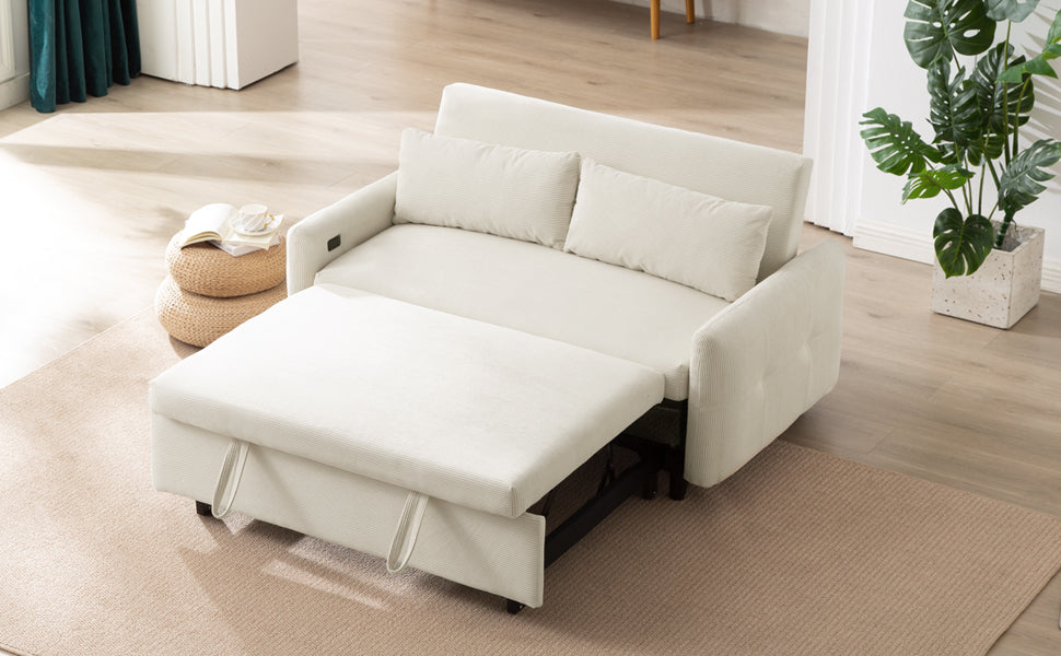 57.48 Pull-out Sofa Bed Convertible Couch 2 Seat Loveseat Sofa Modern Sleeper Sofa with Two Throw Pillows and USB Ports for Living Room, Beige(Old Sku:WF317760AAA)