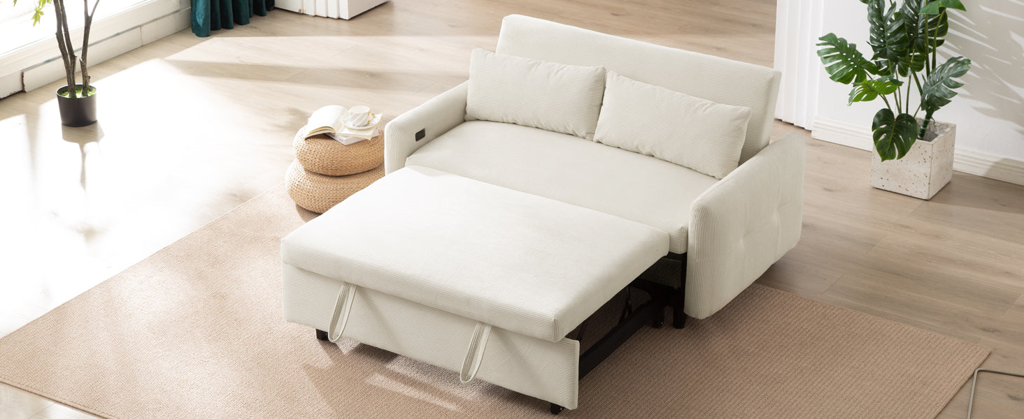 57.48 Pull-out Sofa Bed Convertible Couch 2 Seat Loveseat Sofa Modern Sleeper Sofa with Two Throw Pillows and USB Ports for Living Room, Beige(Old Sku:WF317760AAA)