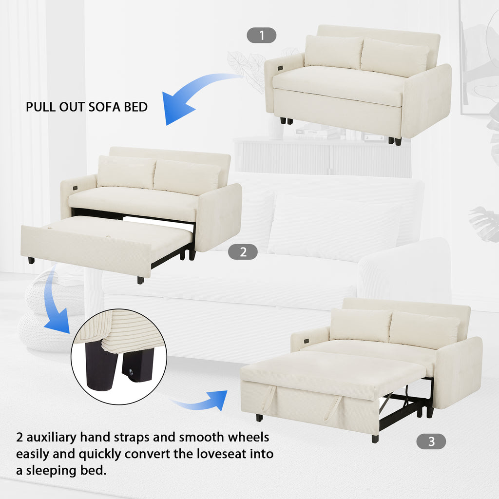 57.48 Pull-out Sofa Bed Convertible Couch 2 Seat Loveseat Sofa Modern Sleeper Sofa with Two Throw Pillows and USB Ports for Living Room, Beige(Old Sku:WF317760AAA)