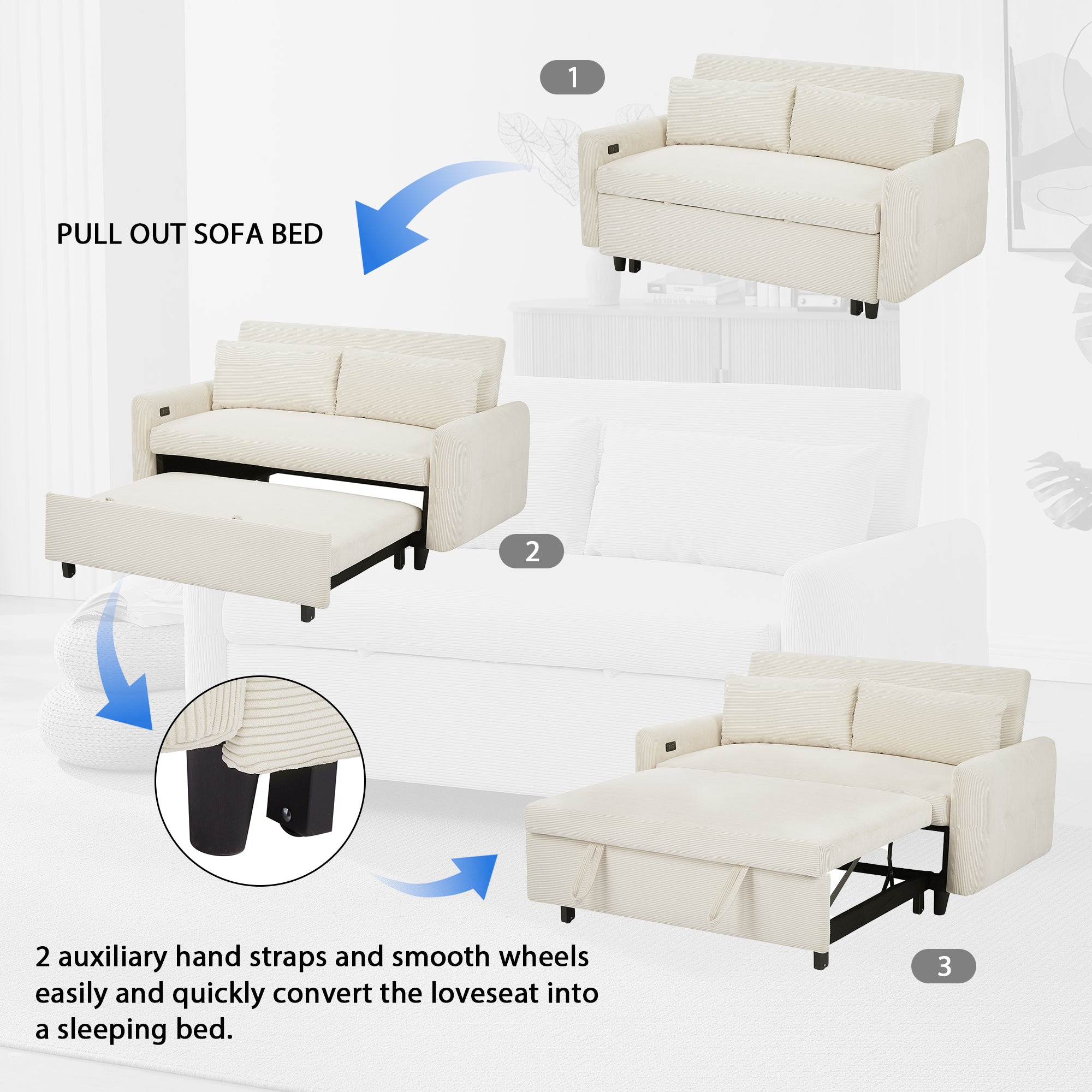 57.48 Pull-out Sofa Bed Convertible Couch 2 Seat Loveseat Sofa Modern Sleeper Sofa with Two Throw Pillows and USB Ports for Living Room, Beige(Old Sku:WF317760AAA)