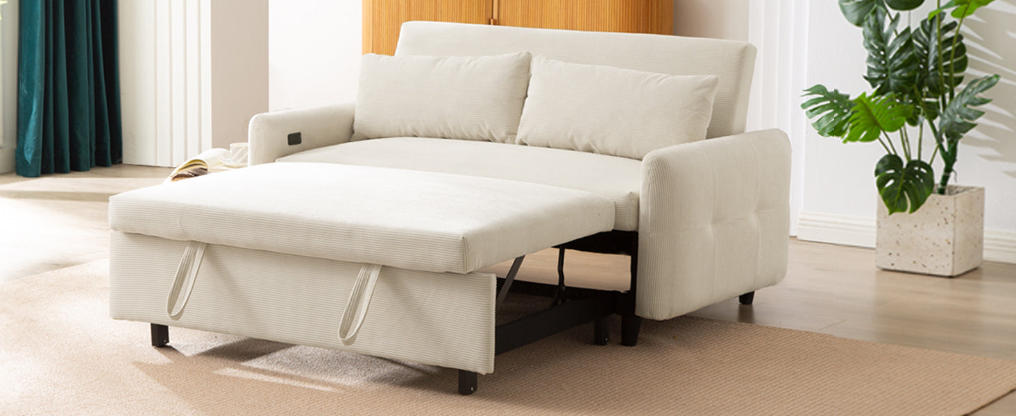 Modern Beige Corduroy 2-Seat Convertible Sofa Bed