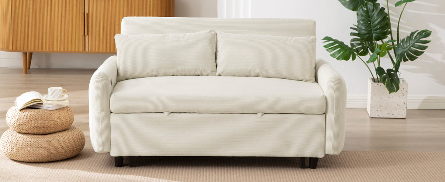 Modern Beige Corduroy 2-Seat Convertible Sofa Bed