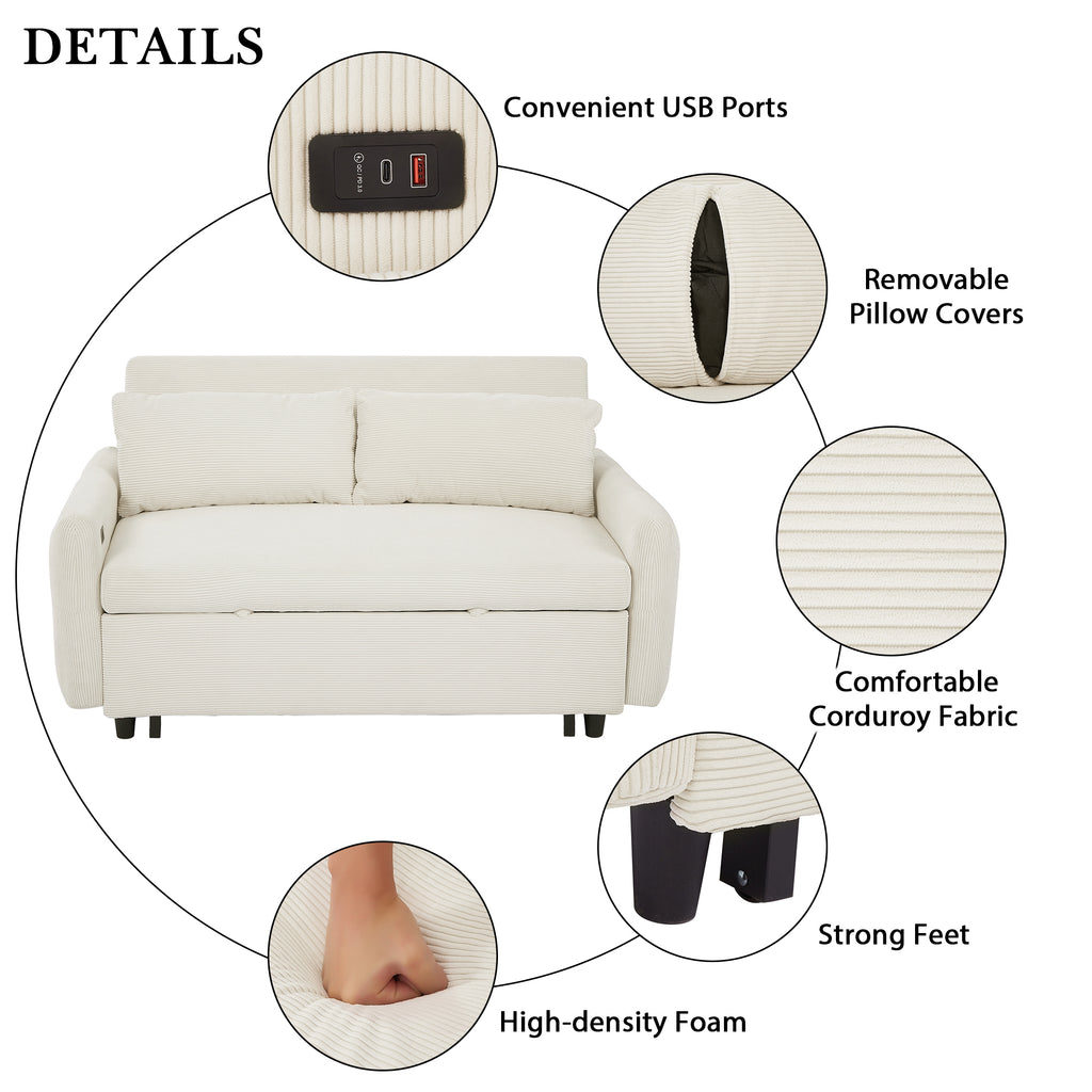 57.48 Pull-out Sofa Bed Convertible Couch 2 Seat Loveseat Sofa Modern Sleeper Sofa with Two Throw Pillows and USB Ports for Living Room, Beige(Old Sku:WF317760AAA)
