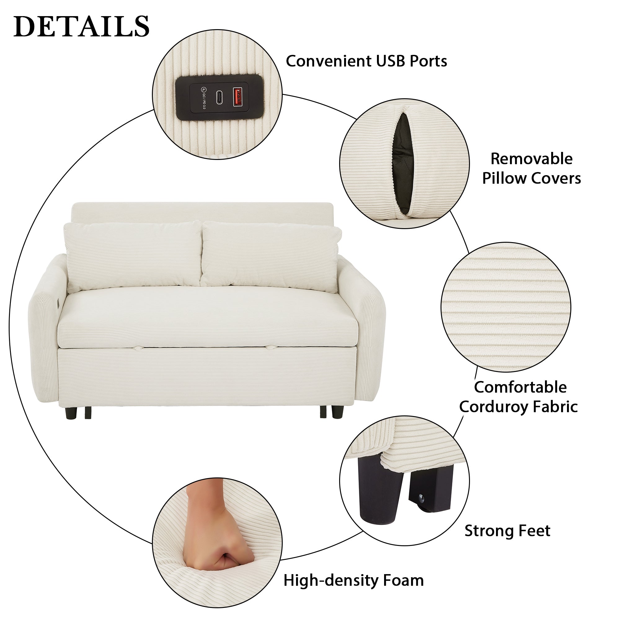 57.48 Pull-out Sofa Bed Convertible Couch 2 Seat Loveseat Sofa Modern Sleeper Sofa with Two Throw Pillows and USB Ports for Living Room, Beige(Old Sku:WF317760AAA)