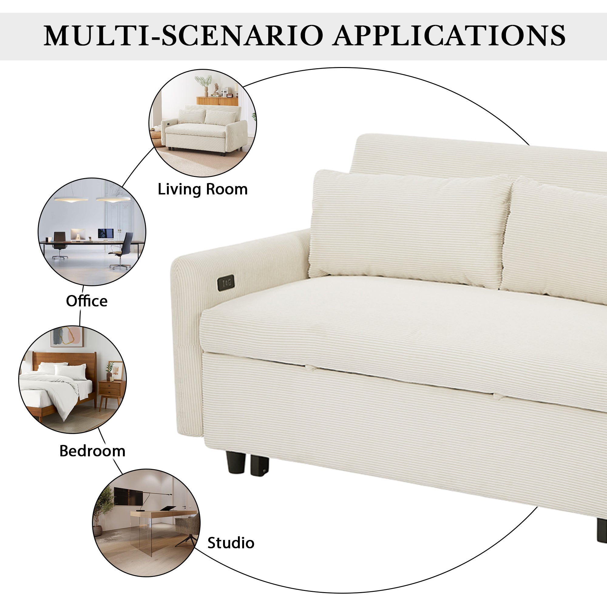 57.48 Pull-out Sofa Bed Convertible Couch 2 Seat Loveseat Sofa Modern Sleeper Sofa with Two Throw Pillows and USB Ports for Living Room, Beige(Old Sku:WF317760AAA)