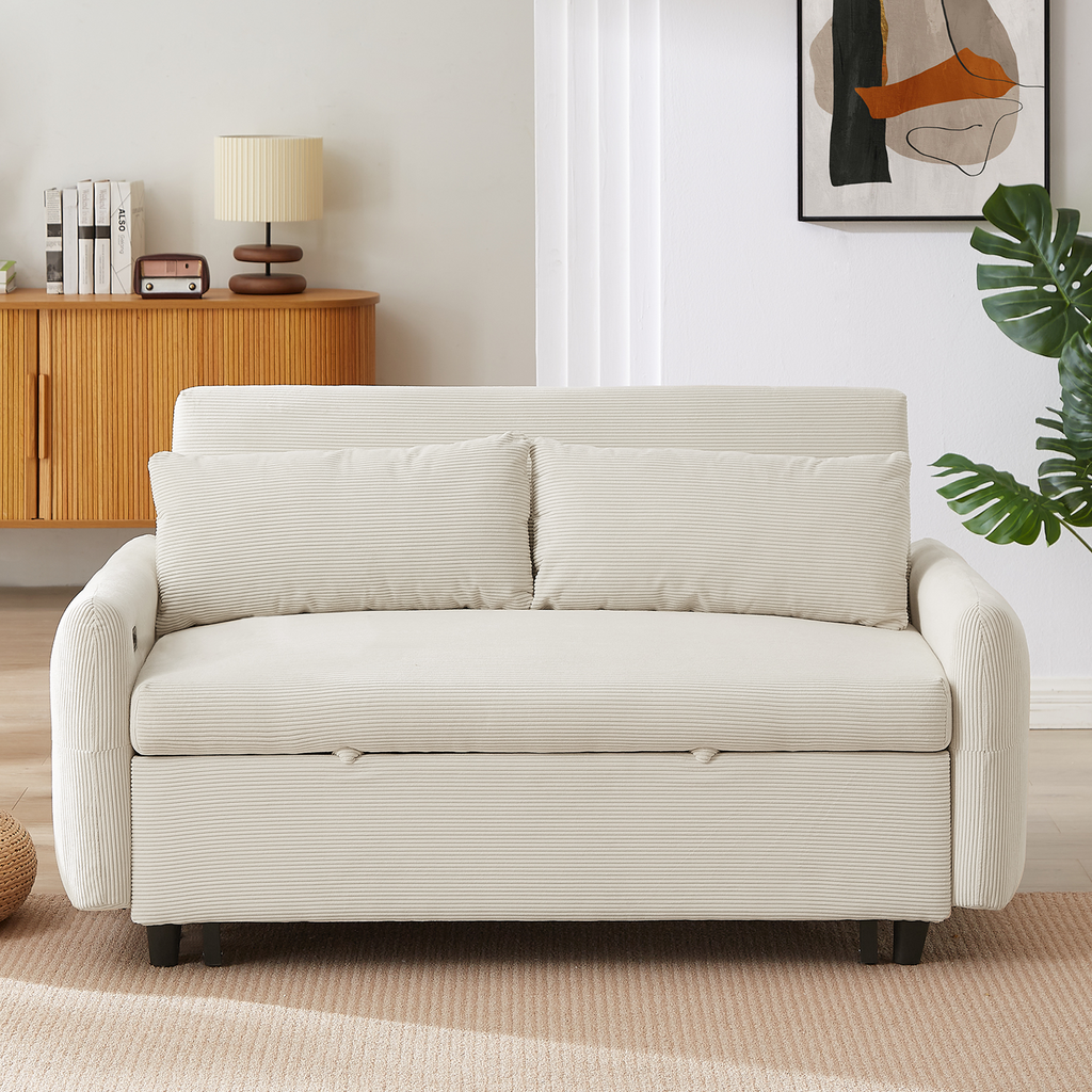 57.48 Pull-out Sofa Bed Convertible Couch 2 Seat Loveseat Sofa Modern Sleeper Sofa with Two Throw Pillows and USB Ports for Living Room, Beige(Old Sku:WF317760AAA)