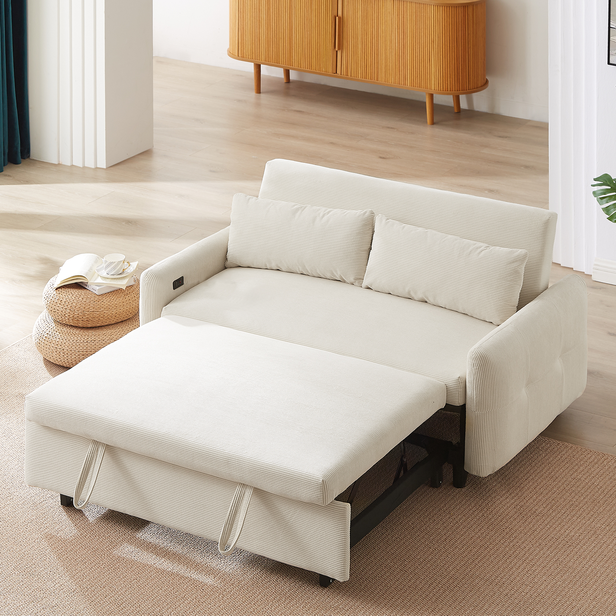 57.48 Pull-out Sofa Bed Convertible Couch 2 Seat Loveseat Sofa Modern Sleeper Sofa with Two Throw Pillows and USB Ports for Living Room, Beige(Old Sku:WF317760AAA)