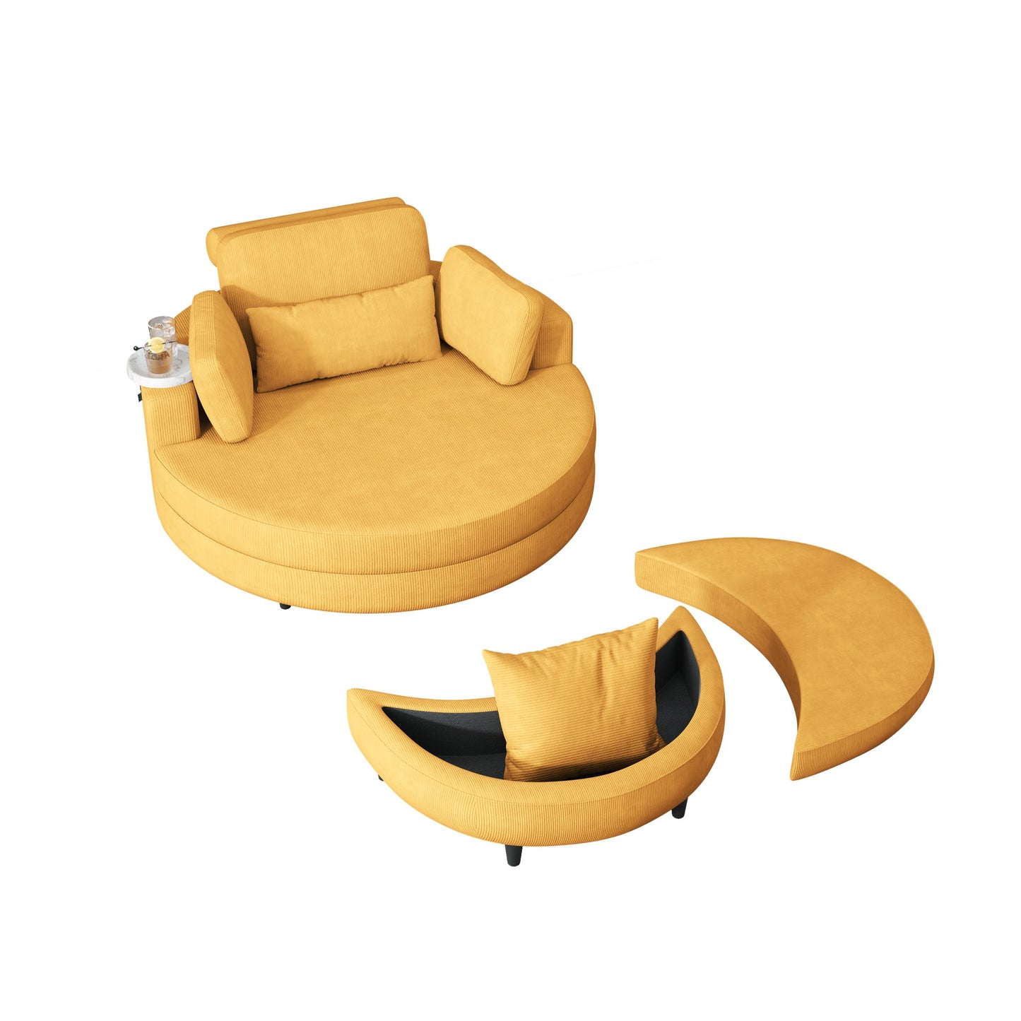 51-inch beige corduroy sofa with two throw pillows and a waist pillow with an extra tray for comfortable seating suitable for small apartment bedroom space - Groovy Boardz