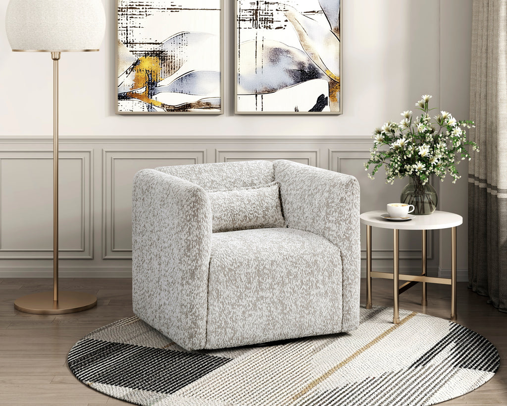Modern Living Room Swivel Chair Beige Jacquard Fabric Upholstery Pillow Comfort Plywood Furniture 1pc