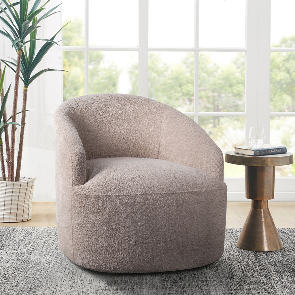 Modern Upholstered 360 Degree Swivel Chair Beige Faux Boucle Fabric Solid Wood Frame Accent Chair