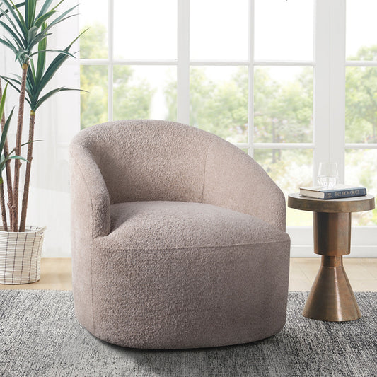 Modern Upholstered 360 Degree Swivel Chair Beige Faux Boucle Fabric Solid Wood Frame Accent Chair