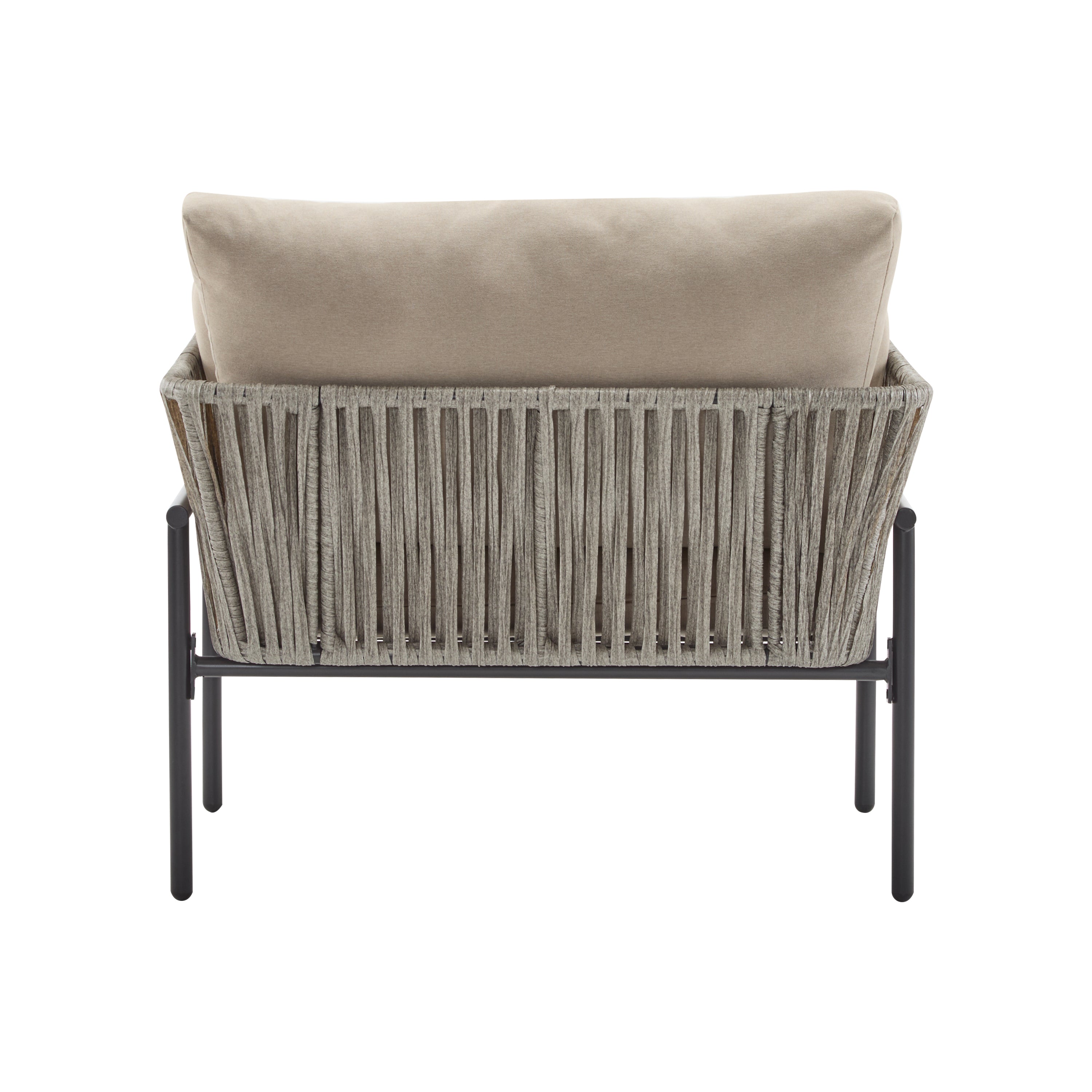 36' Beige Iron Lounge Chair with Rope Weave Design and Plush Cushions, Perfect for Indoor and Outdoor Relaxation