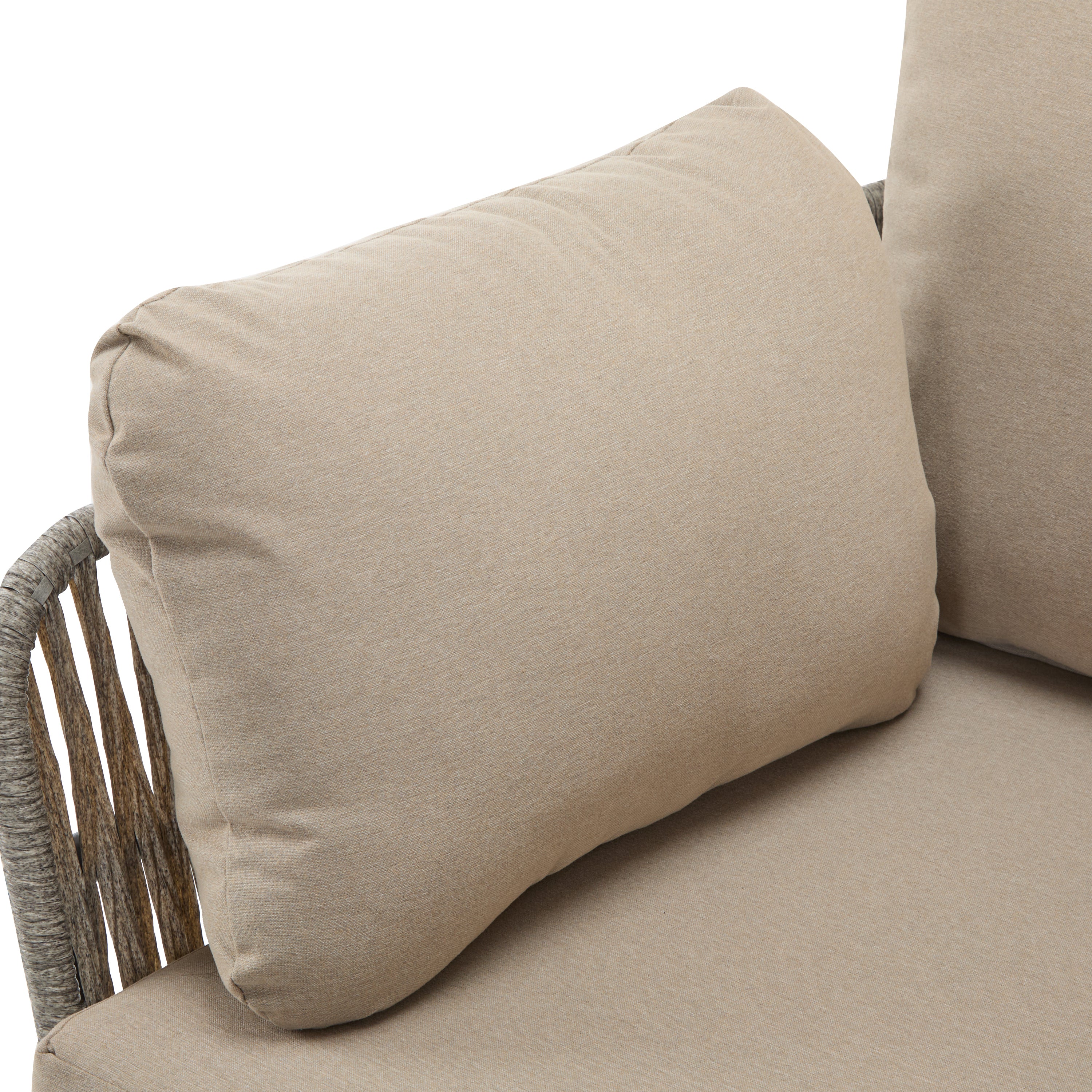 36' Beige Iron Lounge Chair with Rope Weave Design and Plush Cushions, Perfect for Indoor and Outdoor Relaxation