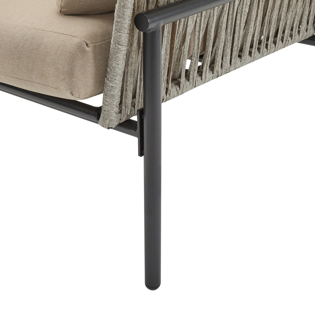 36' Beige Iron Lounge Chair with Rope Weave Design and Plush Cushions, Perfect for Indoor and Outdoor Relaxation