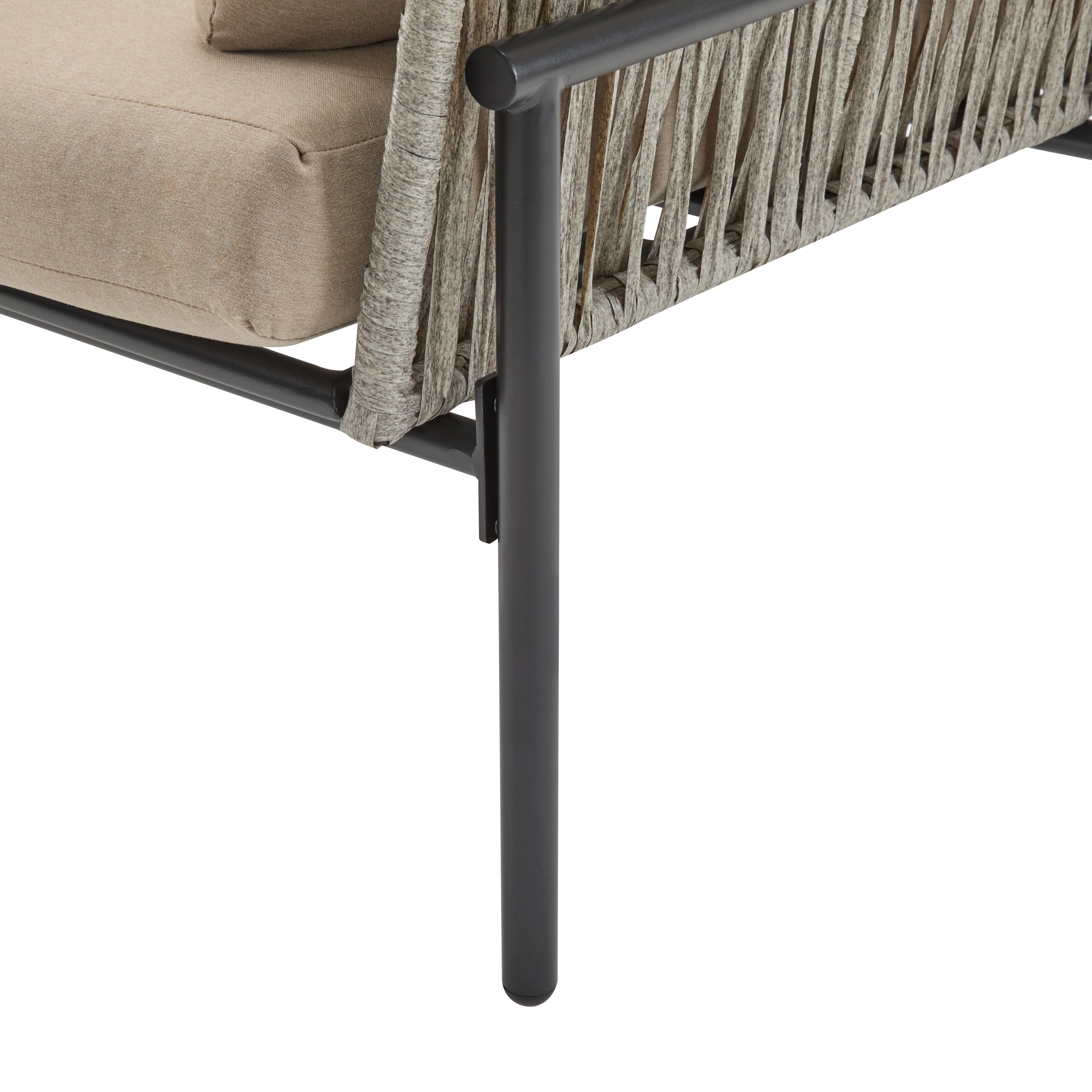 36' Beige Iron Lounge Chair with Rope Weave Design and Plush Cushions, Perfect for Indoor and Outdoor Relaxation