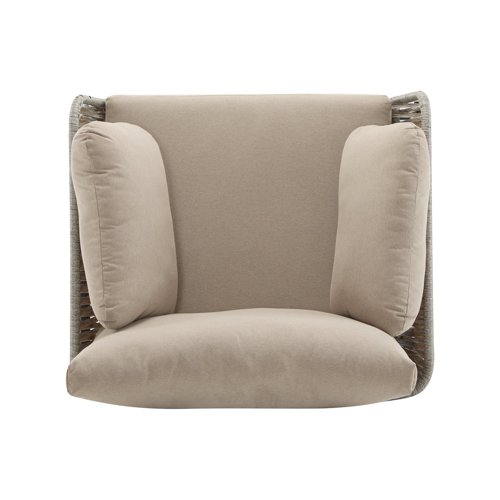 36' Beige Iron Lounge Chair with Rope Weave Design and Plush Cushions, Perfect for Indoor and Outdoor Relaxation