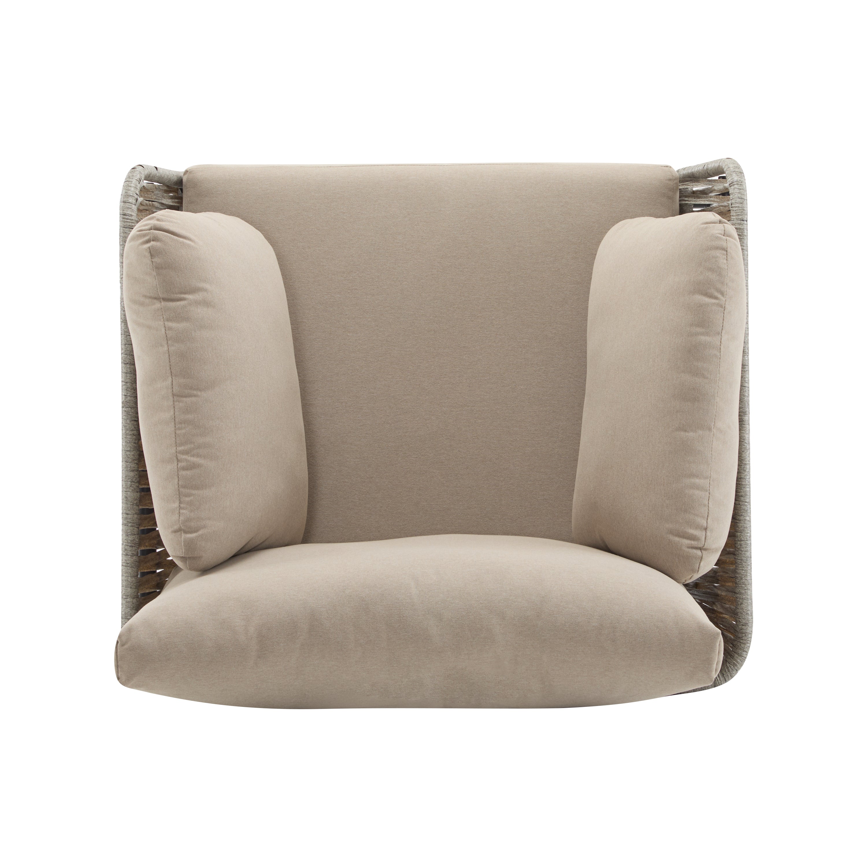 36' Beige Iron Lounge Chair with Rope Weave Design and Plush Cushions, Perfect for Indoor and Outdoor Relaxation