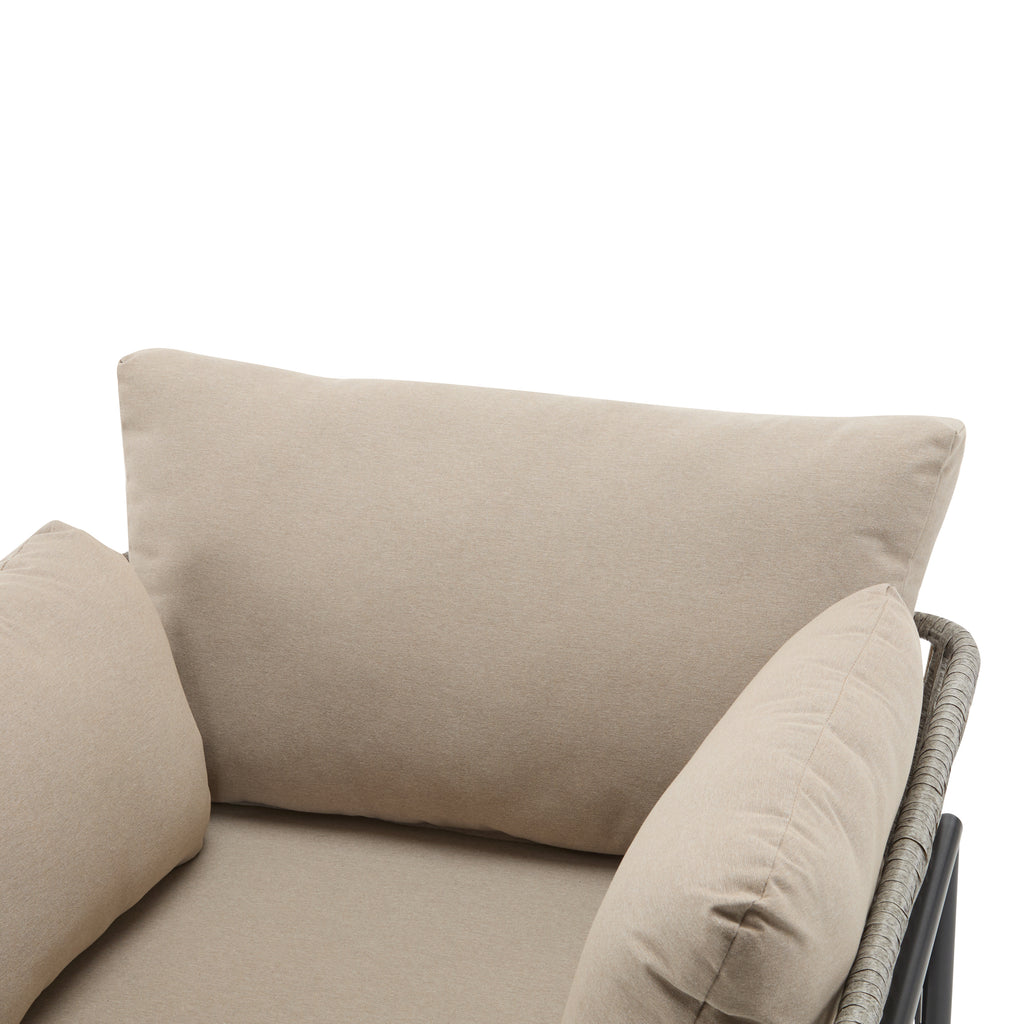 36' Beige Iron Lounge Chair with Rope Weave Design and Plush Cushions, Perfect for Indoor and Outdoor Relaxation