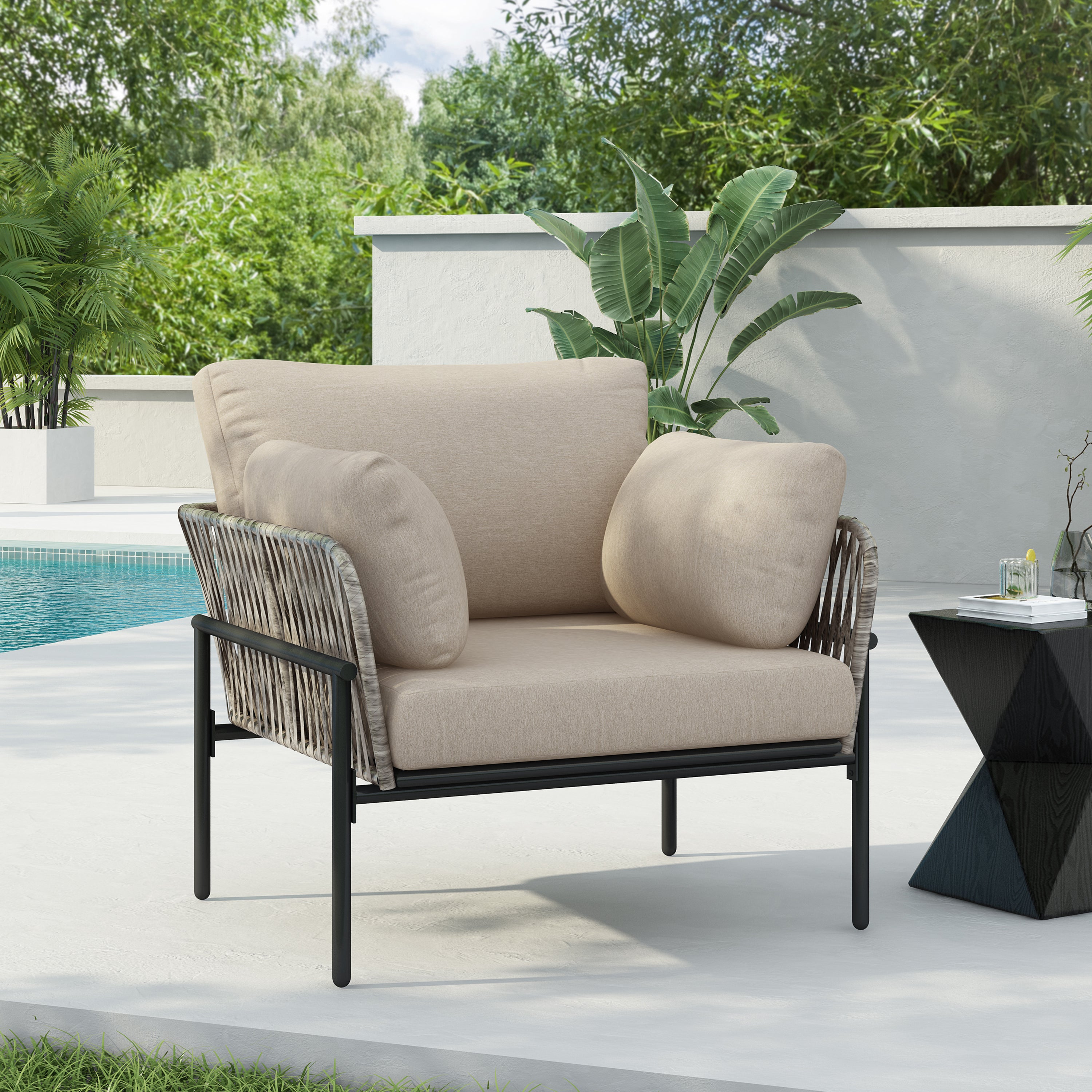 36' Beige Iron Lounge Chair with Rope Weave Design and Plush Cushions, Perfect for Indoor and Outdoor Relaxation