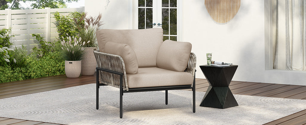 36' Beige Iron Lounge Chair with Rope Weave Design and Plush Cushions, Perfect for Indoor and Outdoor Relaxation