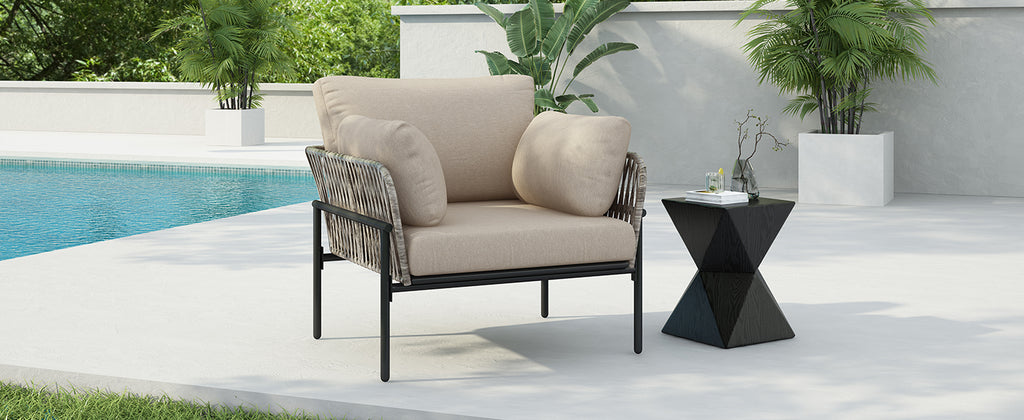 36' Beige Iron Lounge Chair with Rope Weave Design and Plush Cushions, Perfect for Indoor and Outdoor Relaxation