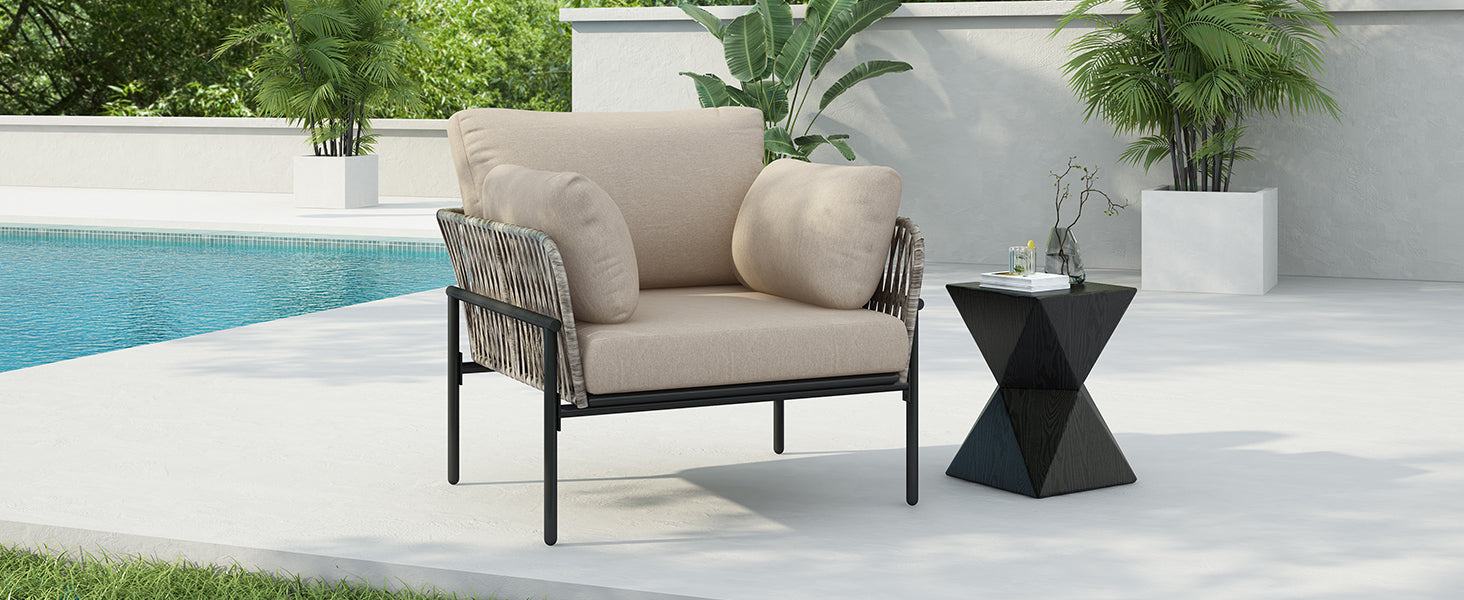 36' Beige Iron Lounge Chair with Rope Weave Design and Plush Cushions, Perfect for Indoor and Outdoor Relaxation