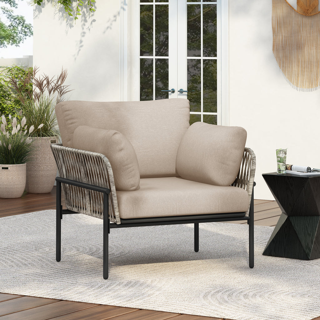 36' Beige Iron Lounge Chair with Rope Weave Design and Plush Cushions, Perfect for Indoor and Outdoor Relaxation