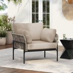 36' Beige Iron Lounge Chair with Rope Weave Design and Plush Cushions, Perfect for Indoor and Outdoor Relaxation