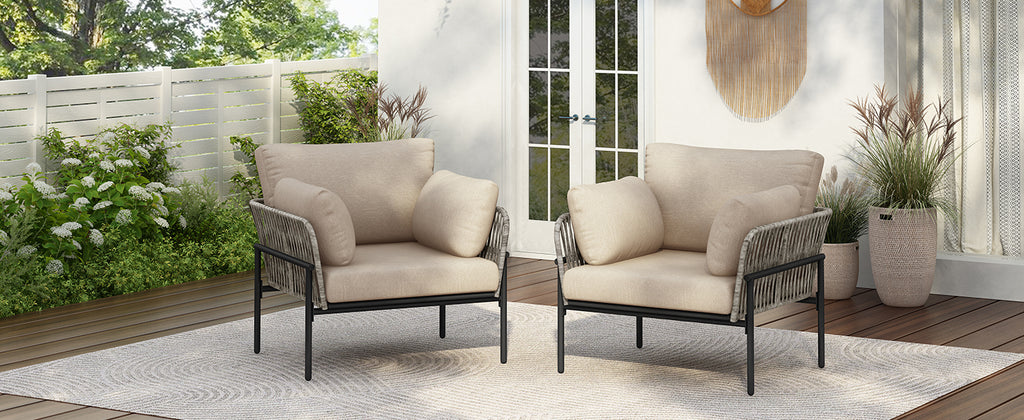 [Set of 2] 36' Beige Iron Lounge Chair with Rope Weave Design and Plush Cushions, Perfect for Indoor and Outdoor Relaxation