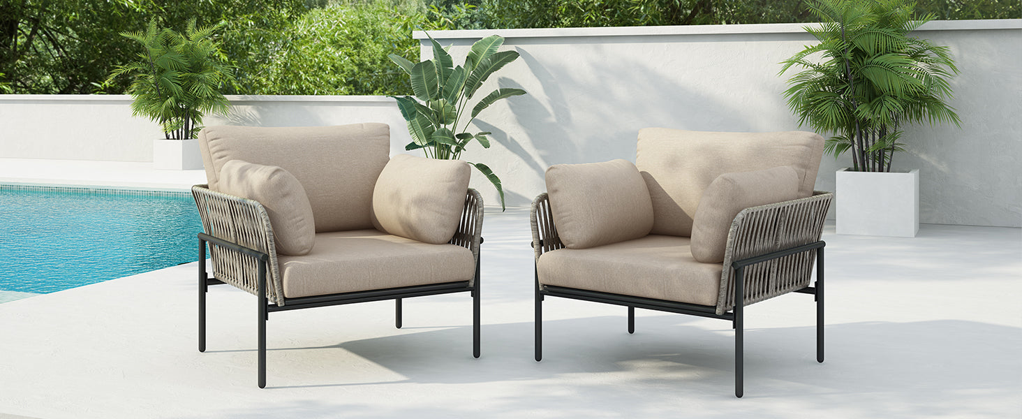 [Set of 2] 36' Beige Iron Lounge Chair with Rope Weave Design and Plush Cushions, Perfect for Indoor and Outdoor Relaxation