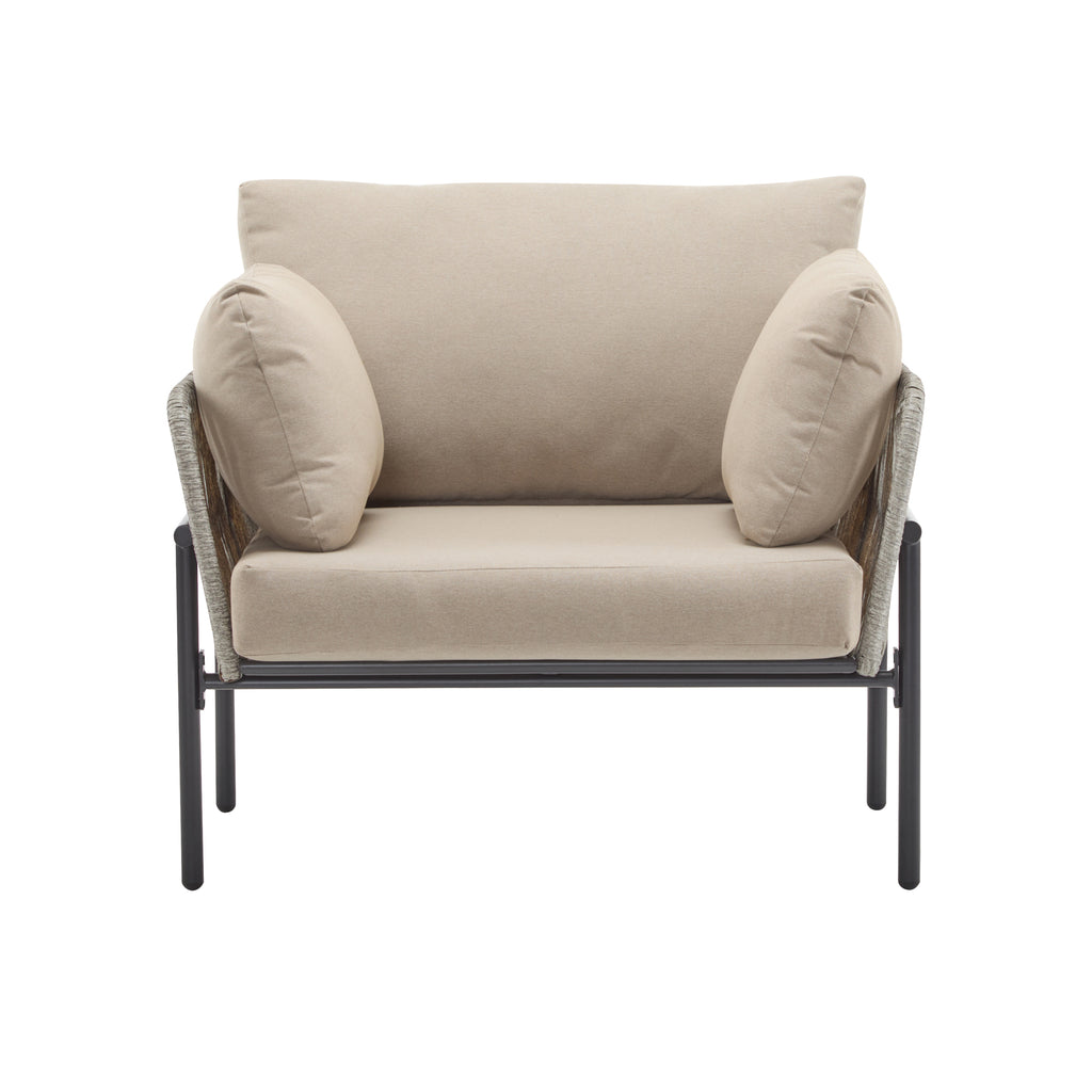 [Set of 2] 36' Beige Iron Lounge Chair with Rope Weave Design and Plush Cushions, Perfect for Indoor and Outdoor Relaxation